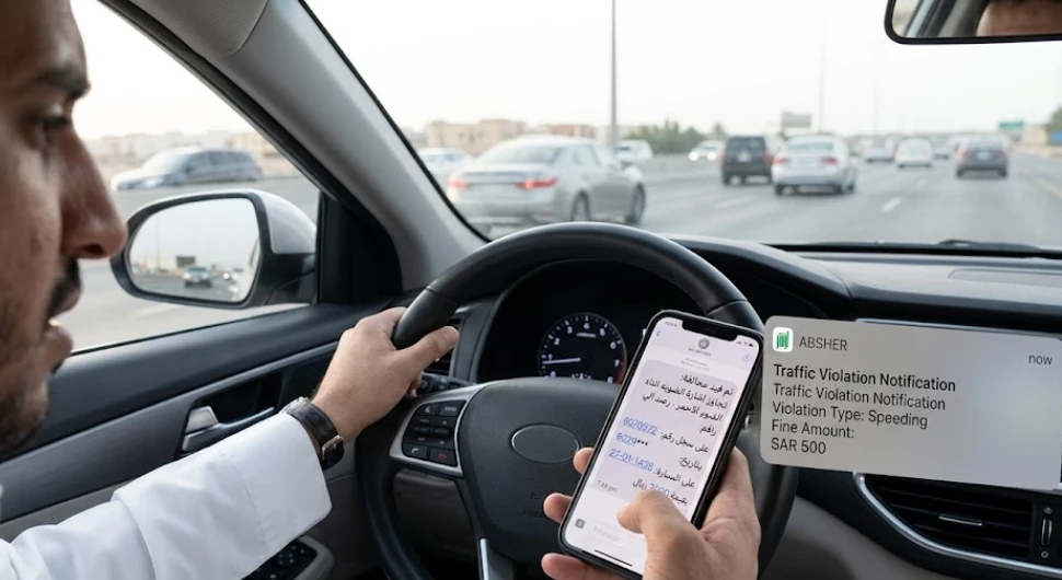 A saudi driver checking the Voilation alert sms on mobile.