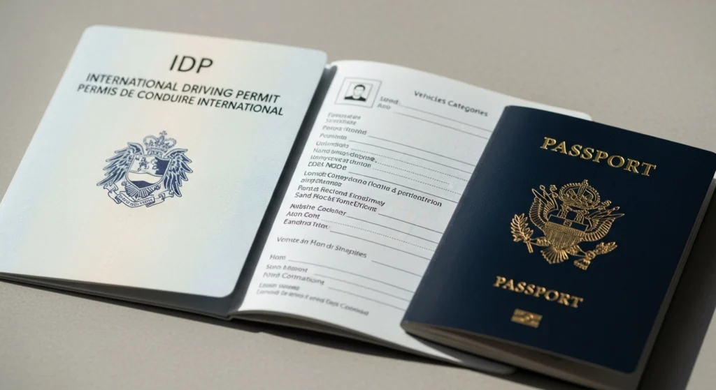international driving permit booklet next to a passport